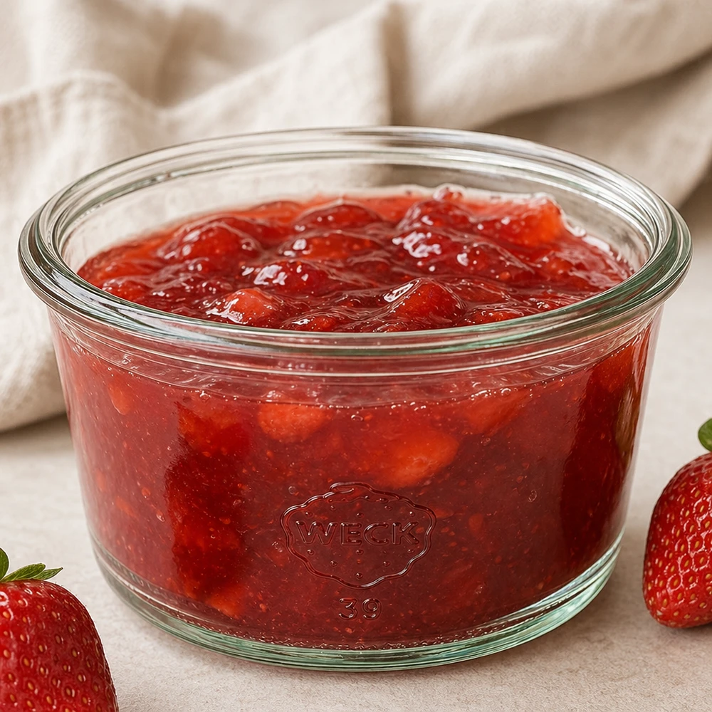 WECK Gourmetglas RR80 165ml mit roter Erdbeermarmelade befüllt zwischen frischen Erdbeeren auf hellem Untergrund