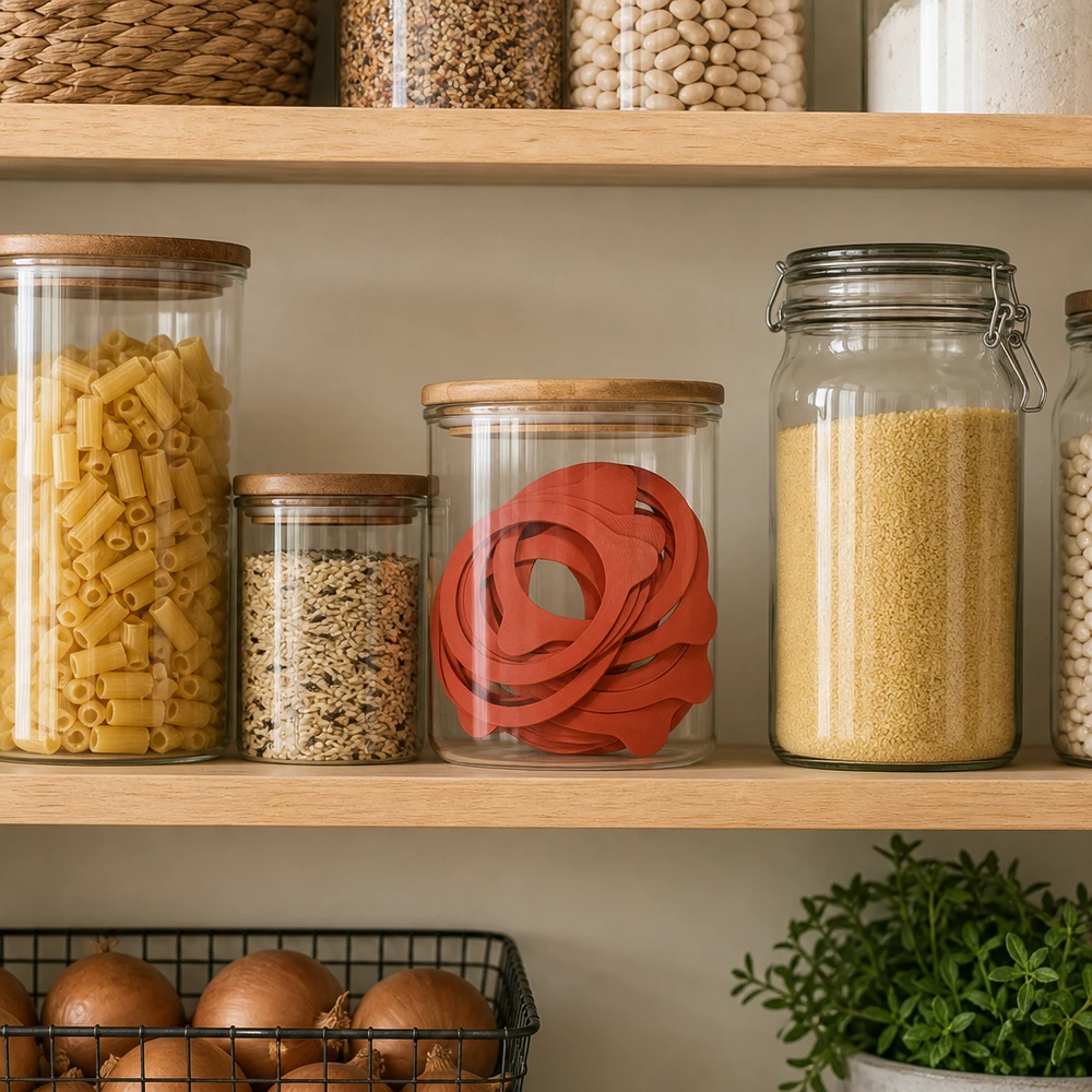 Einkochring Naturgummi RR100 Einkochringe RR100 Naturgummi rot in Vorratsjar gelagert zwischen Pasta und Getreide im professionellen Küchensortiment