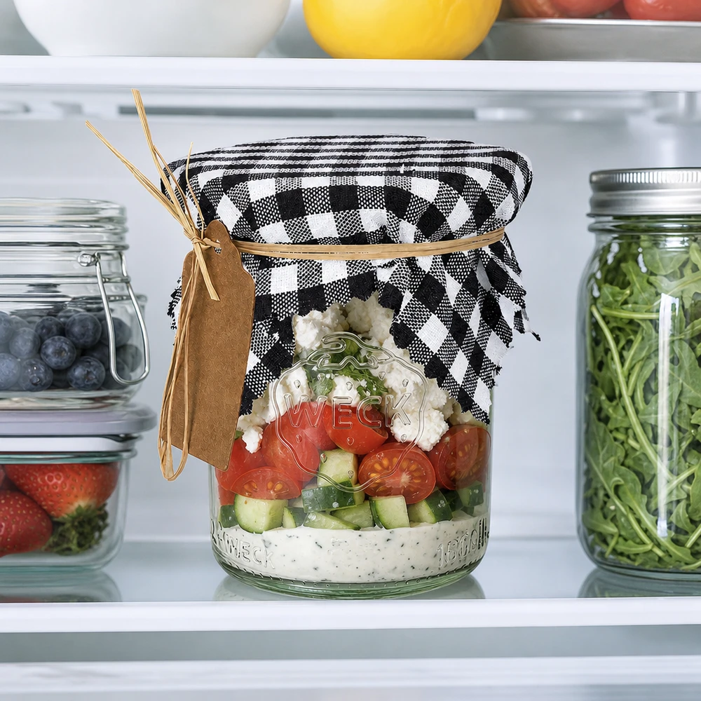 Stoff Schmuckdeckchen schwarz-kariert 12cm eckig Schwarz-weiß kariertes Stoffdeckchen mit Bastschleife auf Salatglas im Kühlschrank, praktische Frischhaltung