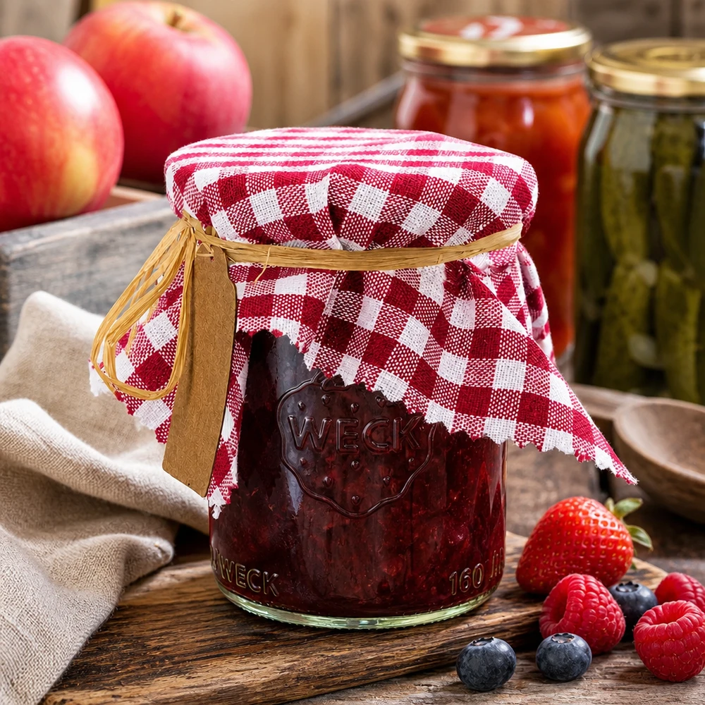 Stoff Schmuckdeckchen bordeaux-kariert 15cm eckig Bordeaux-kariertes Stoffdeckchen auf Marmeladenglas mit frischen Beeren und Äpfeln in rustikaler Küche