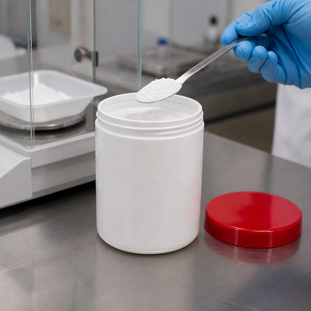 Salbenkruke 75g weiß mit rotem Schraubdeckel (Polypropylen) Salbenkruke 75g aus PP in Weiß mit rotem Schraubdeckel für professionelle Abfüllung im Labor