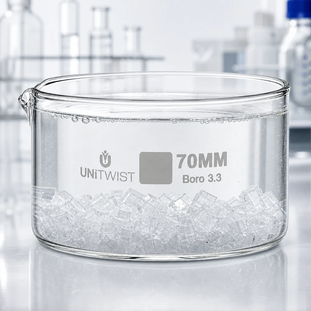 Kristallisierschale 70mm Borosilikatglas 3.3 UNiTWIST für Labor und Gewerbe flache Glasschale mit Ausguss