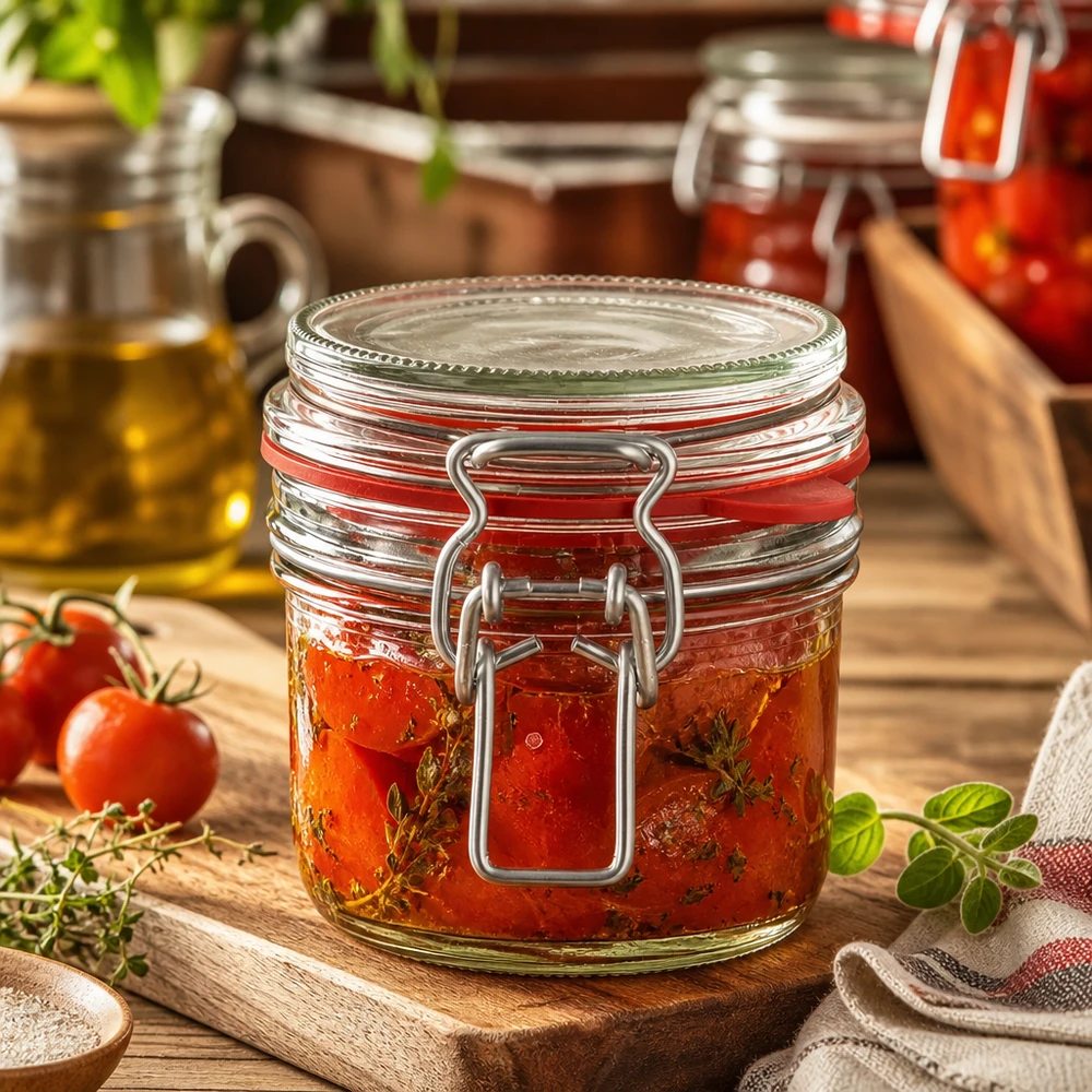 255ml Vorratsglas Typ G mit Bügelverschluss UN 255ml Bügelverschlussglas mit eingelegten Tomaten, Demonstration der luftdichten Konservierung für Gastronomie