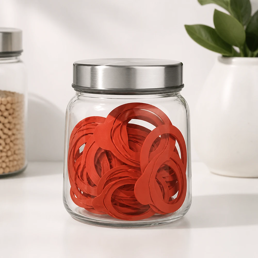 Einkochring Naturgummi RR60 Einkochringe RR60 Naturgummi orange in Glasdose mit Metalldeckel moderne weiße Küche Aufbewahrung Dichtungsringe