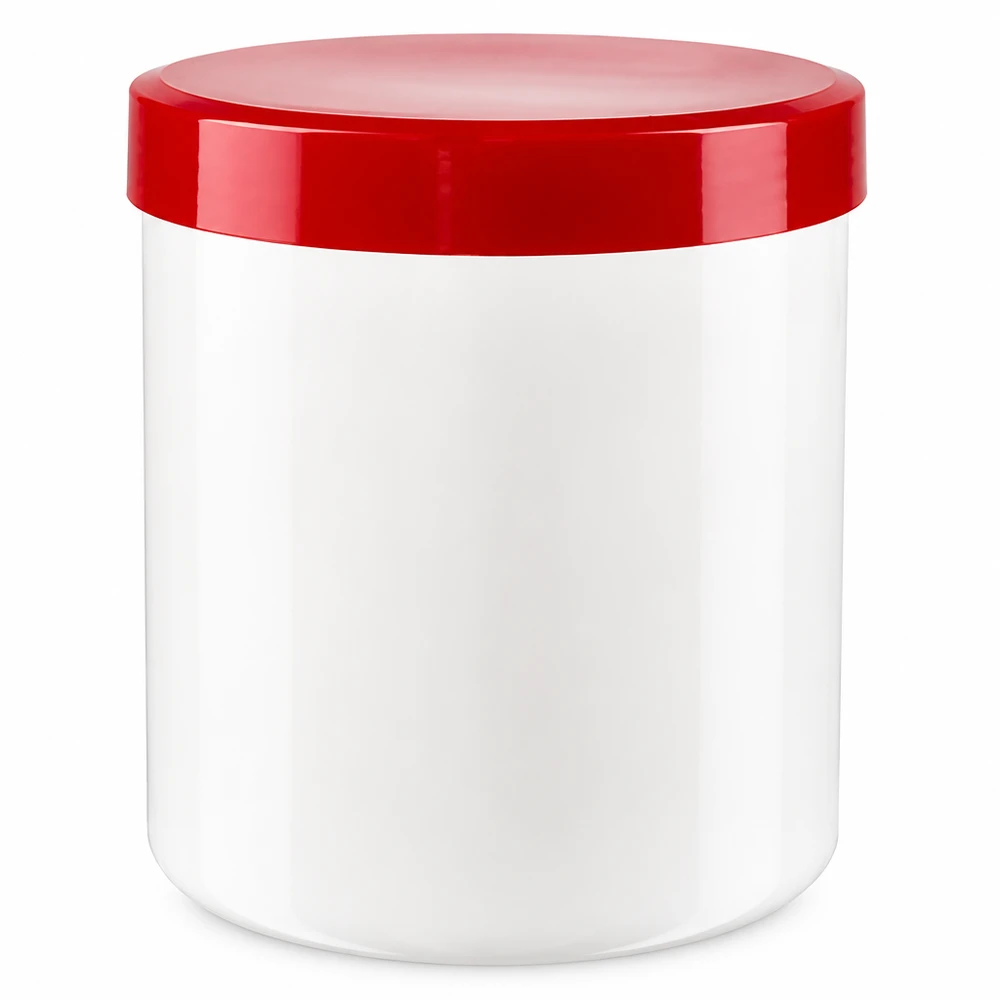 Salbenkruke 20g weiß mit rotem Schraubdeckel (Polypropylen) Salbenkruke 20g weiss mit rotem PP-Schraubdeckel für professionelle Abfüllung im Fachhandel