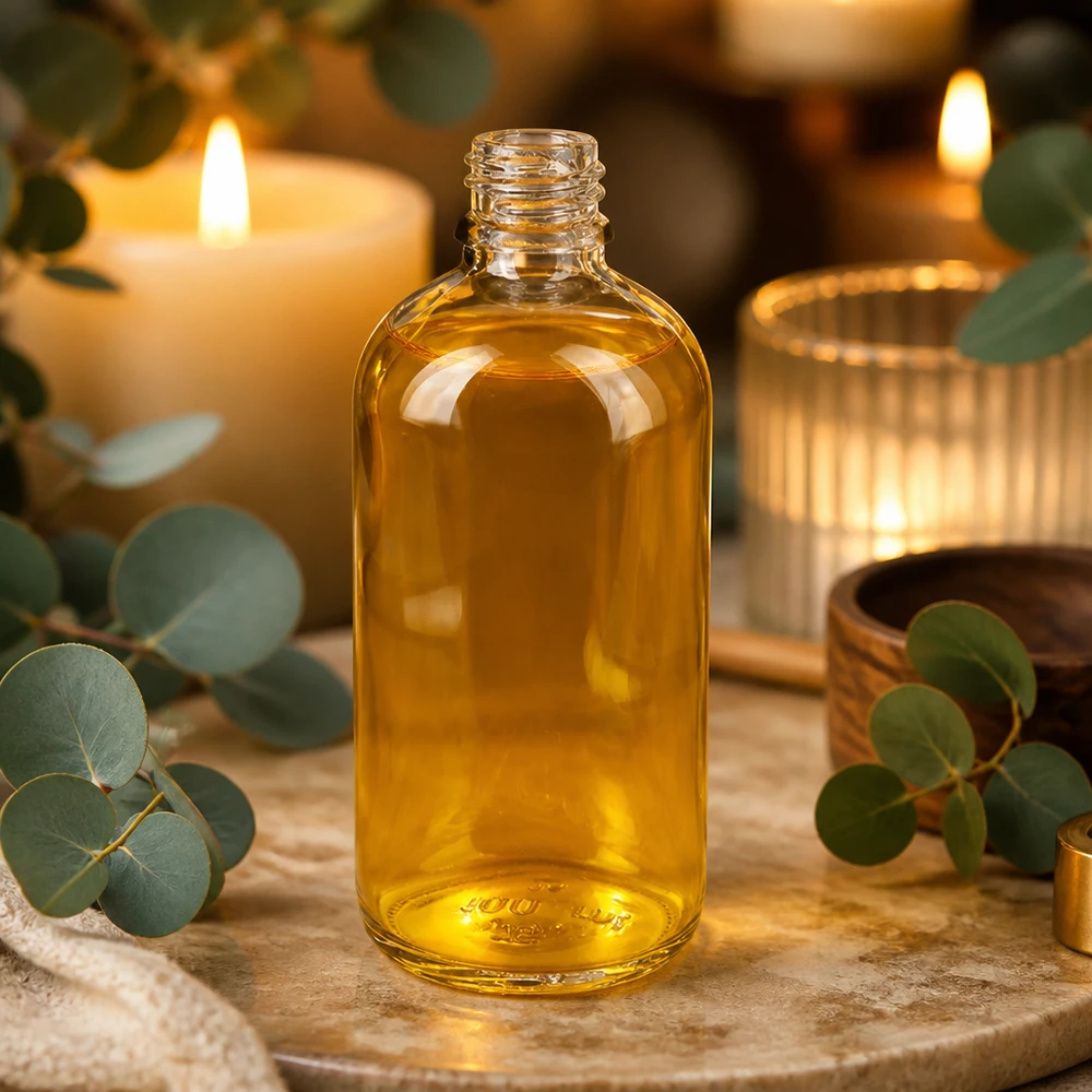 100ml Apothekenflasche ClearLine UT18/100 UNiTWIST 100ml Apothekerflasche ClearLine DIN18 aus Klarglas mit goldenem Öl gefüllt für professionellen Einsatz