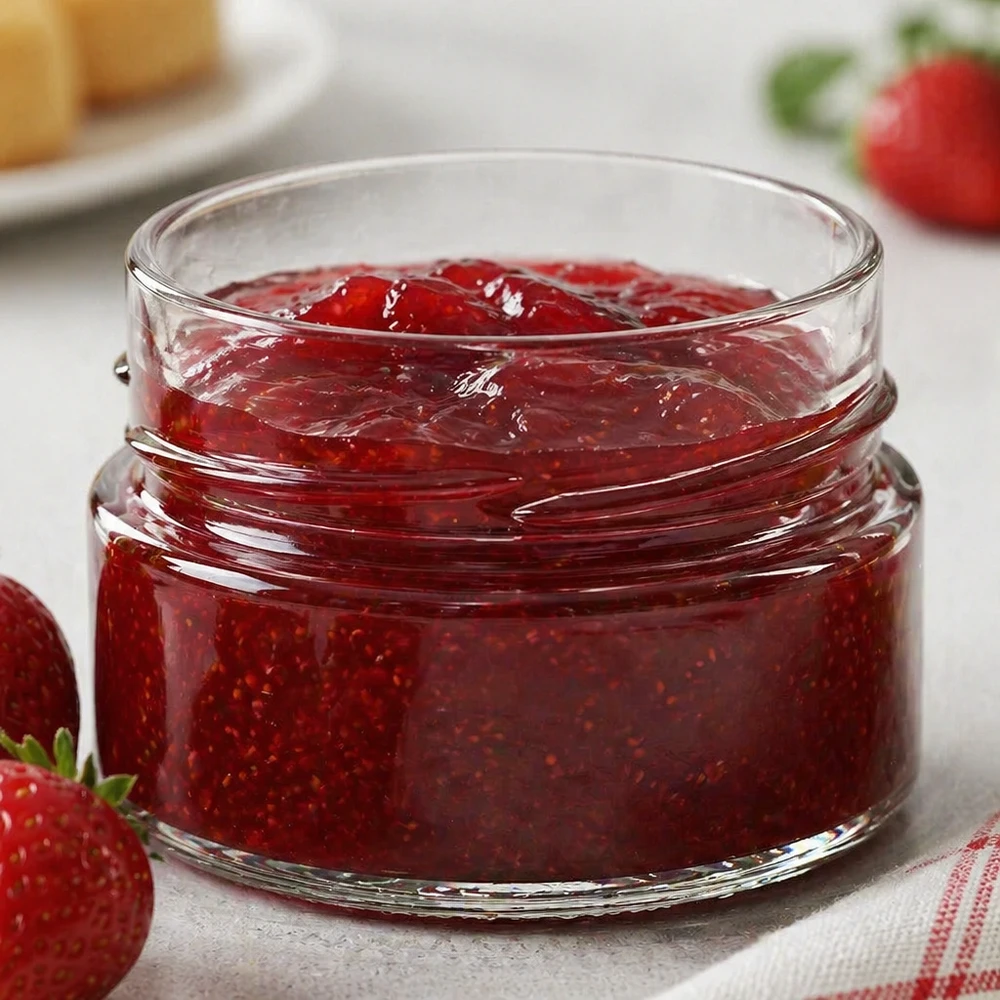 UNiTWIST Runda80 Rundglas 80ml mit roter Erdbeermarmelade gefüllt, TO58deep Deckel, Marmeladenglas aus Glas