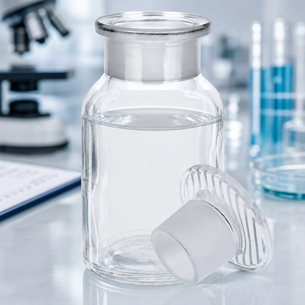Rundschulterflasche 100ml Weithals klar mit Glasstopfen für Labor und Fachhandel