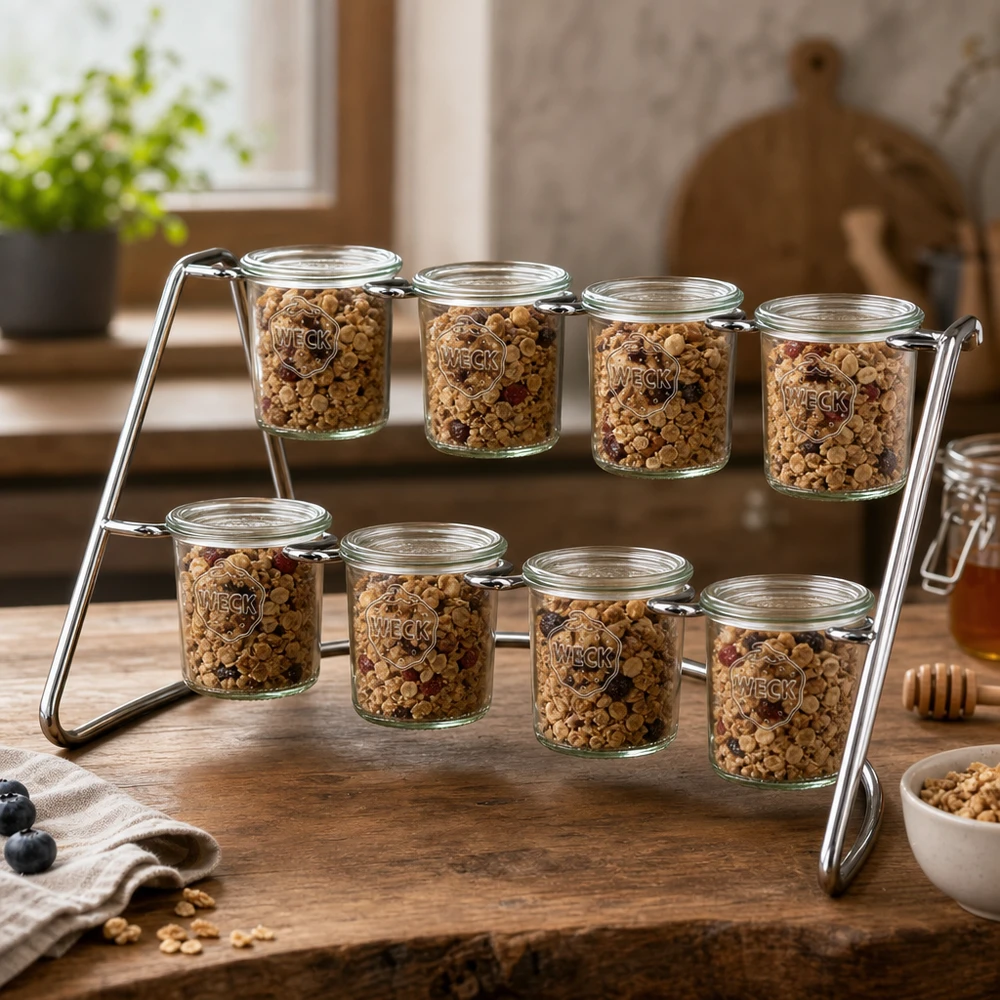 Serviergestell Flato8 für 8 WECK Sturzgläser Professionelles Edelstahl-Serviergestell Flato8 mit Müsli-Mischungen in WECK Sturzgläsern für Gastronomiebetriebe