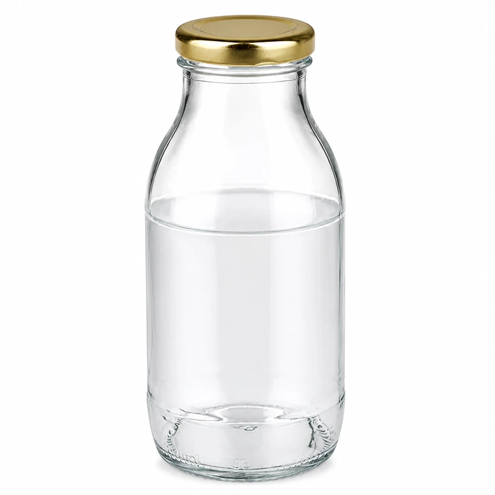 250ml Glasflasche mit goldenem BasicSeal Deckel von UniTwist für gewerbliche Abfüllung bei Pacadura