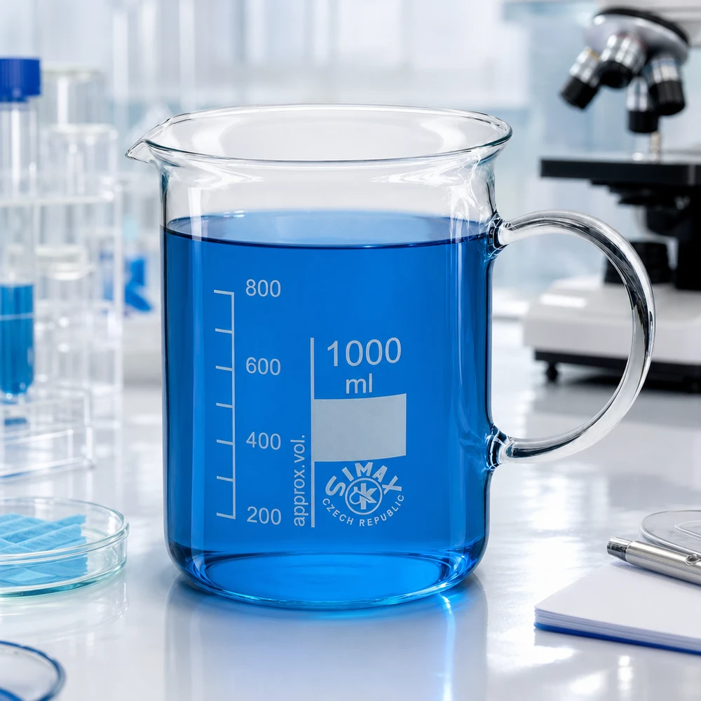 Becherglas 1000ml Borosilikatglas, mit Henkel Becherglas 1000ml Borosilikatglas mit Henkel gefüllt mit blauer Flüssigkeit im Labor Profiausstattung