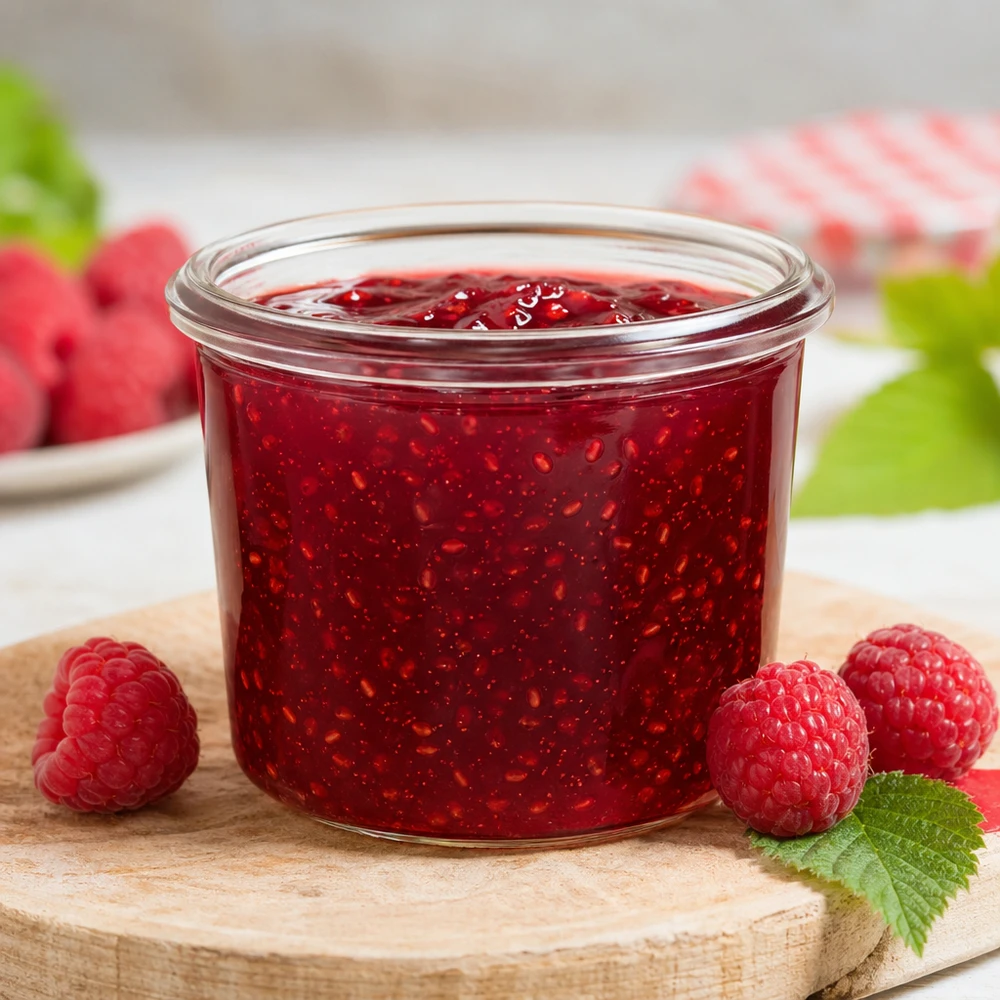WECK Sturzglas RR40 35ml mit roter Marmelade gefüllt umgeben von frischen Himbeeren auf Holzbrett