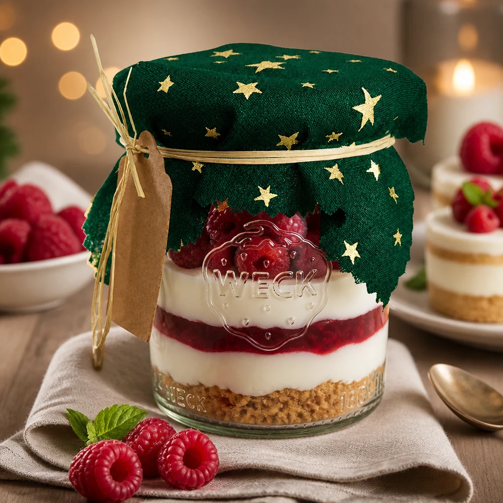 Stoff Schmuckdeckchen grün "Sterne" 12cm eckig Festliches Dessert im Glas mit grünem Sterne-Schmuckdeckchen 12cm eckig, Himbeeren und Creme als Geschenkidee