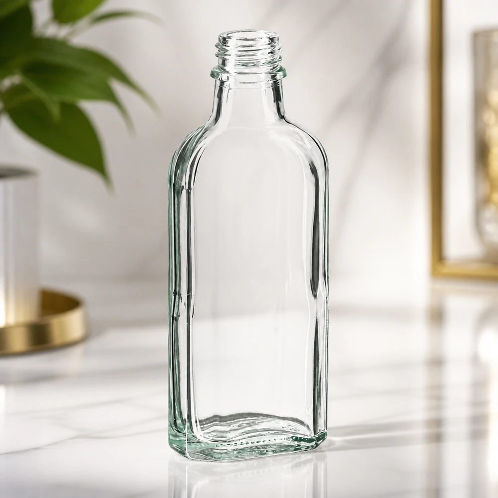 100 ml Meplatflasche klar aus Glas mit DIN22 Gewinde für gewerbliche Abfüllung und professionellen Einsatz