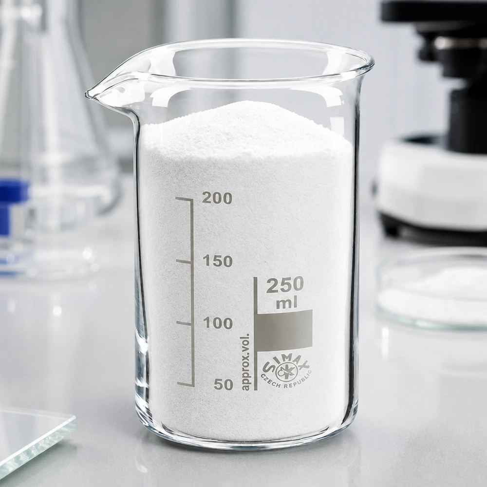 Becherglas 250ml Borosilikatglas, hohe Form Becherglas 250 ml hohe Form Borosilikatglas mit weißem Pulver gefüllt für professionellen Laboreinsatz