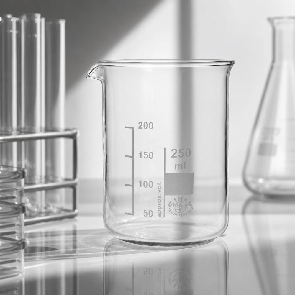 Becherglas 250ml Borosilikatglas, niedrige Form Becherglas 250ml Borosilikatglas niedrige Form für professionelle Laboranwendungen und gewerblichen Einsatz
