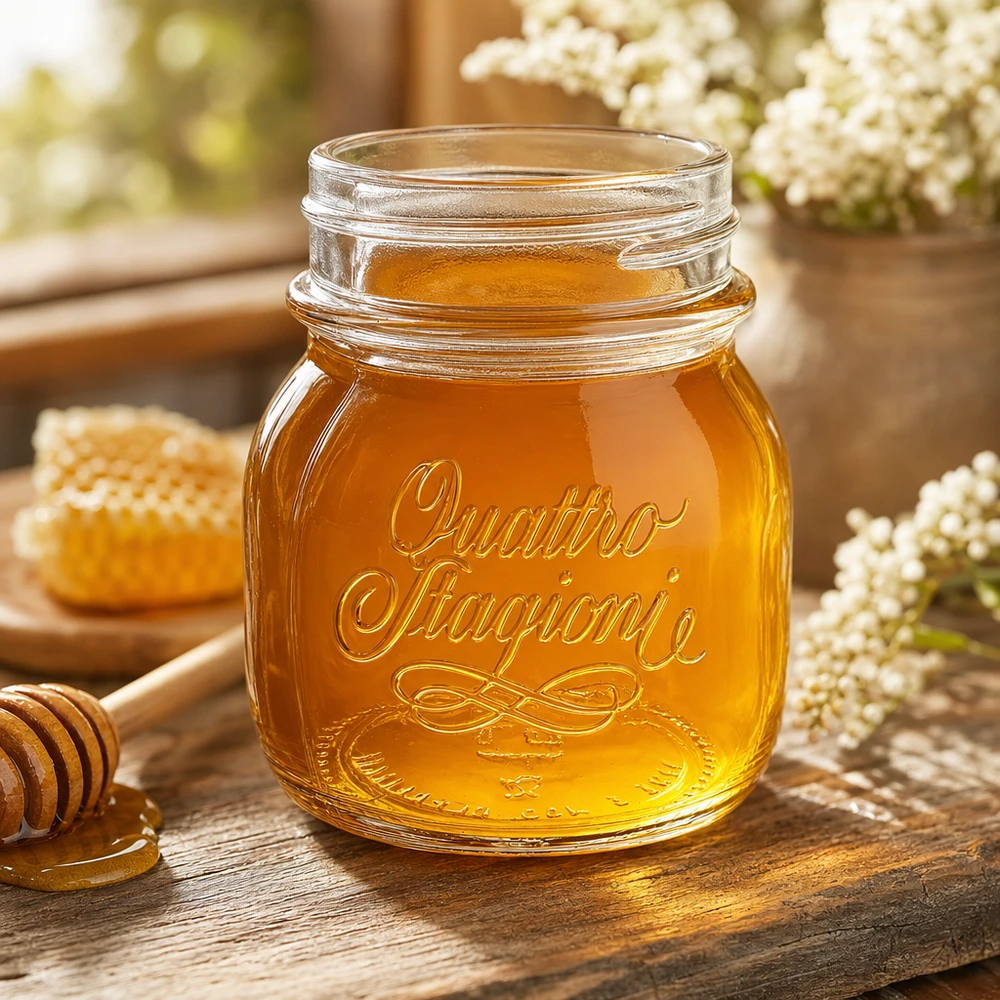 150ml Rundglas "Quattro Stagioni" QS56mm 150ml Quattro Stagioni Haushaltsglas mit Honig gefüllt auf rustikalem Holztisch mit Bienenwaben und Blumen