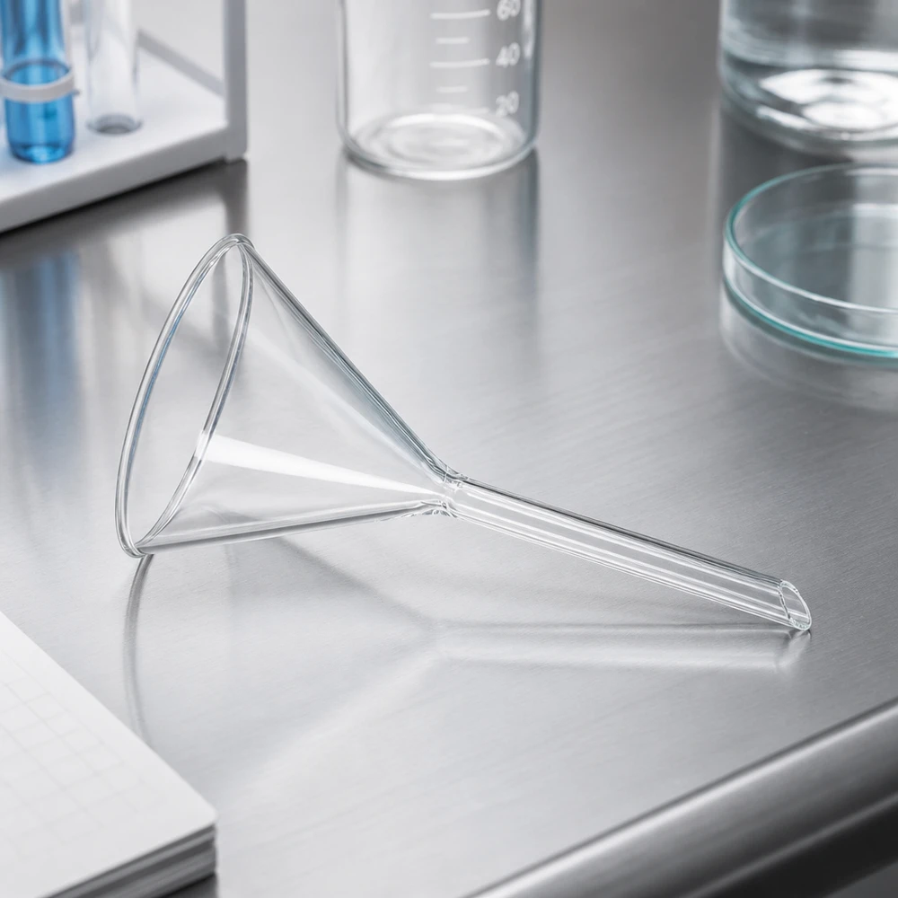 Glastrichter 100mm Durchmesser Kalk-Soda-Glas 60° Winkel Kurzstiel für professionelle Laboranwendungen bei Pacadura
