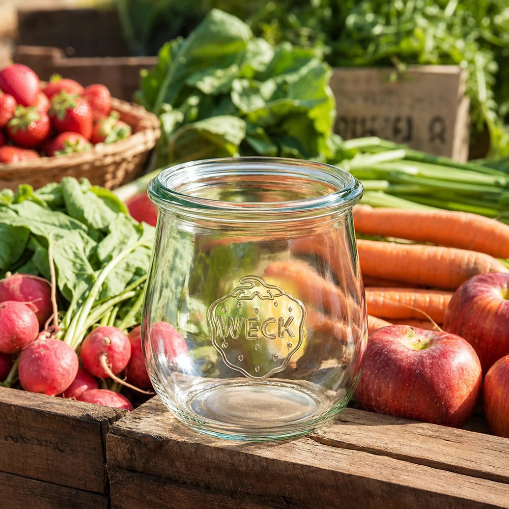 WECK Tulpenglas 220ml RR60 leer zwischen frischem Gemüse Obst auf Holzkiste rustikale Küchen-Atmosphäre