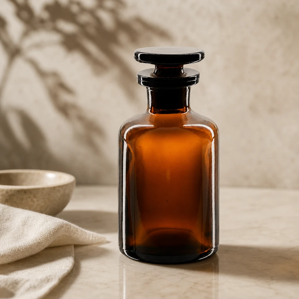Braune Enghals-Rundschulterflasche 50ml aus Glas mit Glasstopfen für professionellen Laboreinsatz