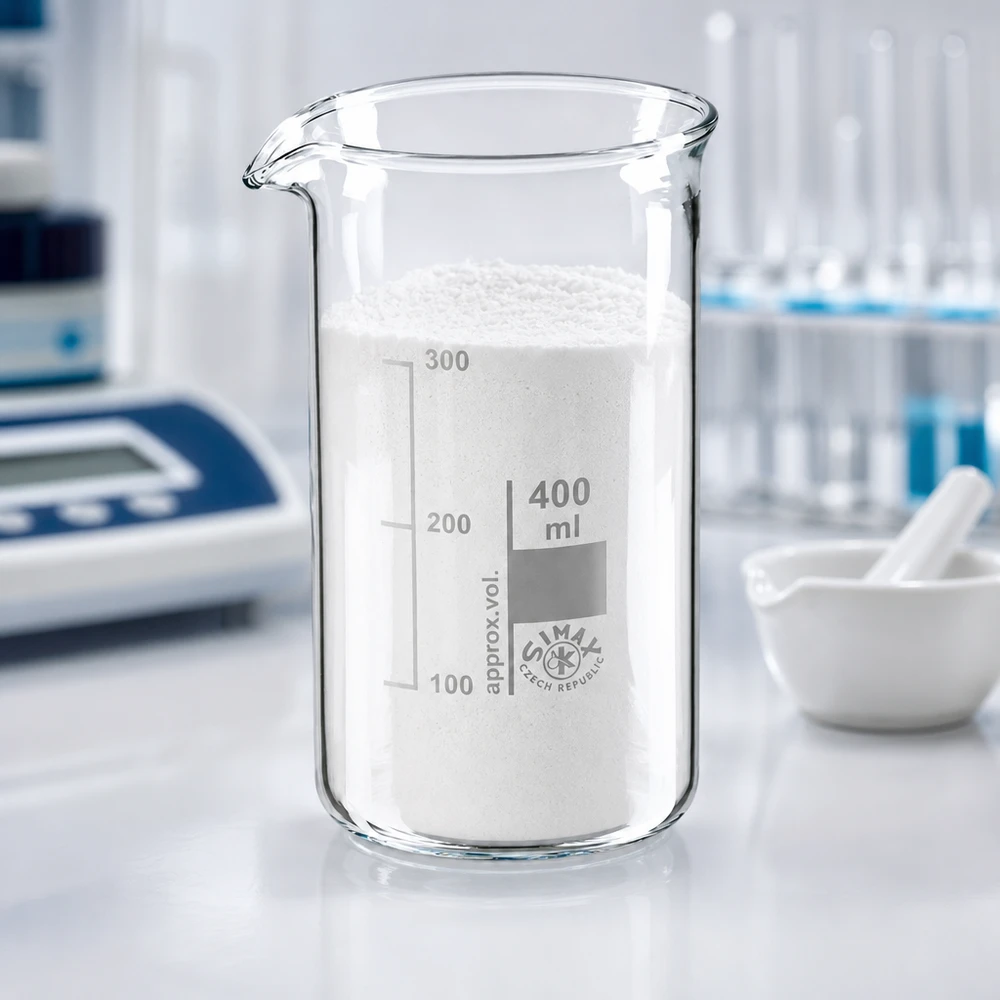 Becherglas 400ml Borosilikatglas, hohe Form Becherglas 400ml hohe Form Borosilikatglas mit weißem Pulver im Labor gefüllt bis 300ml Skala