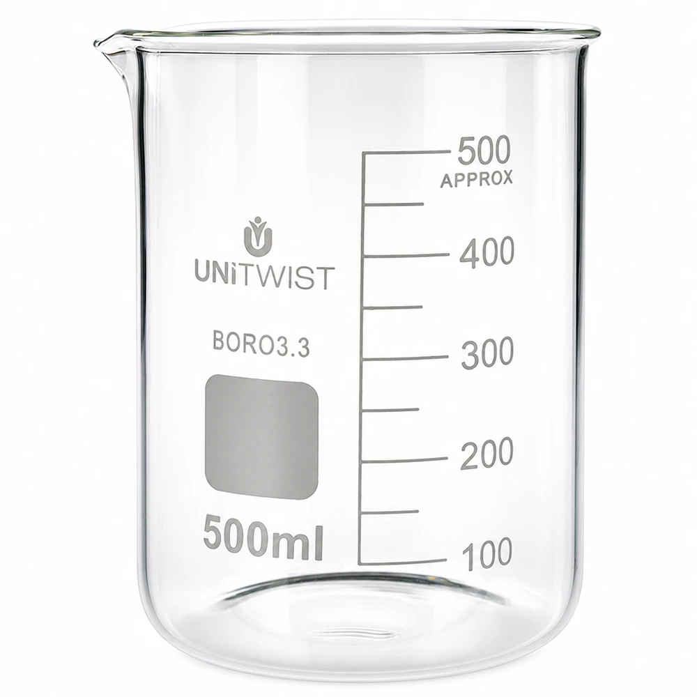 Becherglas 500ml Borosilikat 3.3 niedrige Form UNiTWIST für Labor und Gewerbe mit Graduierung