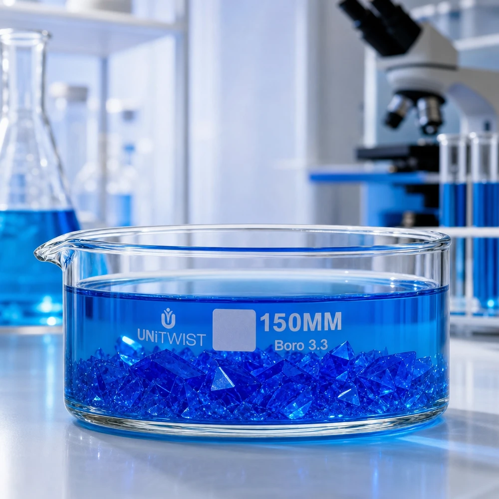 Kristallisierschale ø150mm Borosilikatglas UNiTWIST Kristallisierschale 150mm Borosilikatglas Boro 3.3 UNiTWIST mit blauen Kristallen im Labor