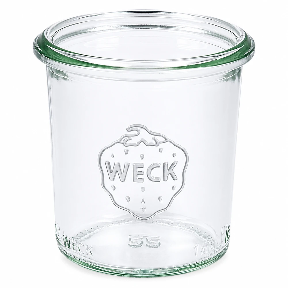 140ml WECK Sturzglas RR60 aus klarem Glas mit WECK Logo und grünem Dichtungsring für Einmachen