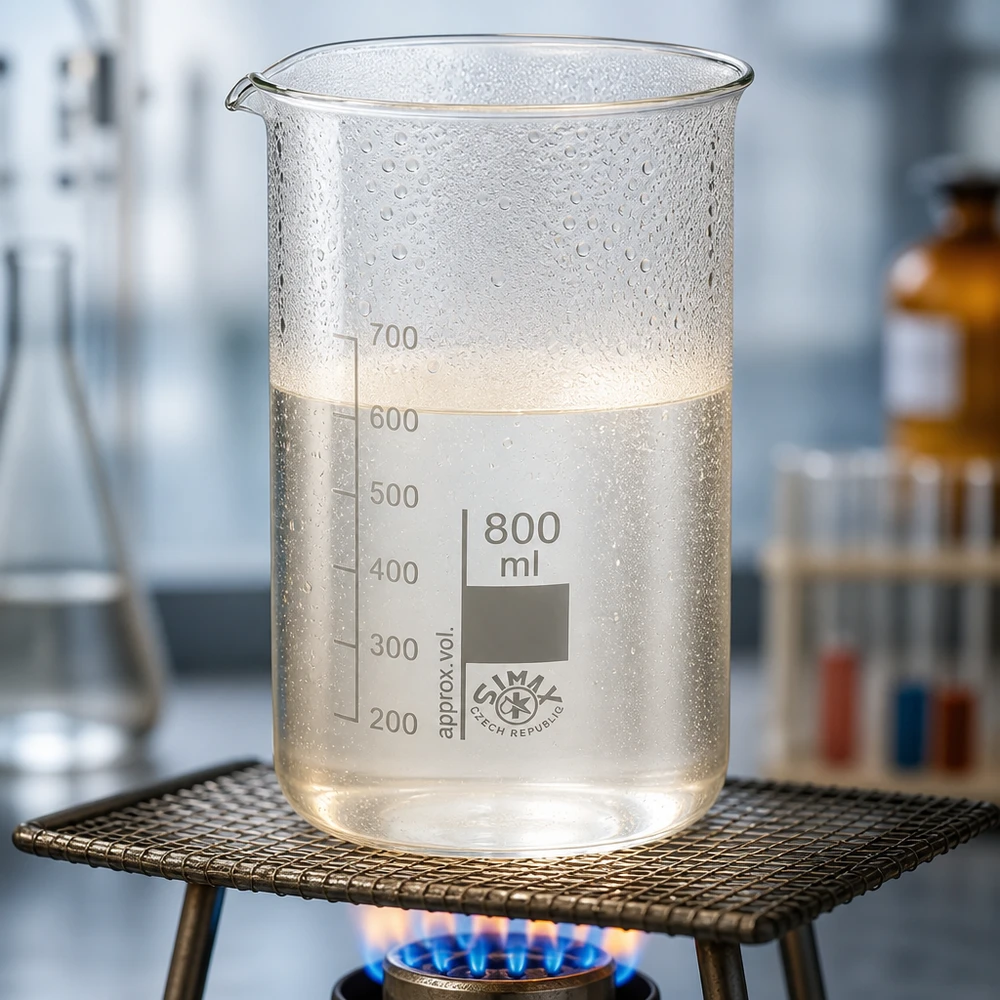 Becherglas 800ml Borosilikatglas hohe Form auf Bunsenbrenner im Labor erhitzt Pacadura Fachhandel
