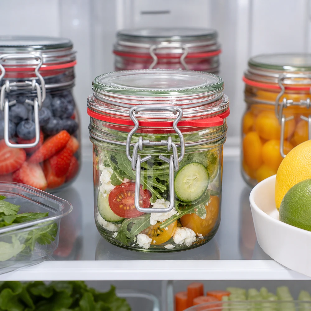 255ml Vorratsglas Typ G mit Bügelverschluss UN 255ml Bügelverschluss-Vorratsglas im Kühlschrank mit Salat befüllt, professionelle Lebensmittellagerung für Gastronomieb