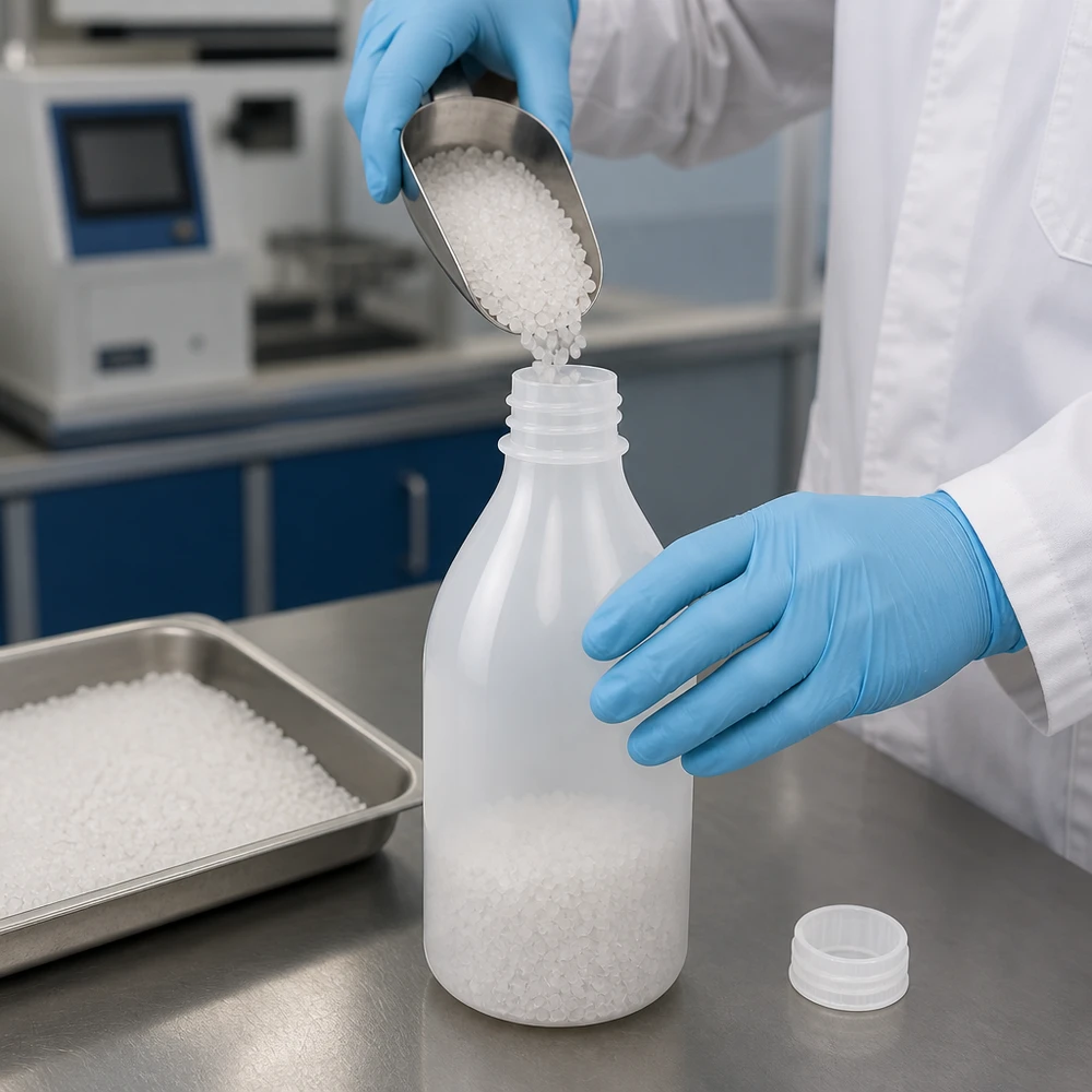 100ml Laborflasche Enghals aus HDPE für professionelle Laboranwendungen beim Abfüllen von Granulat