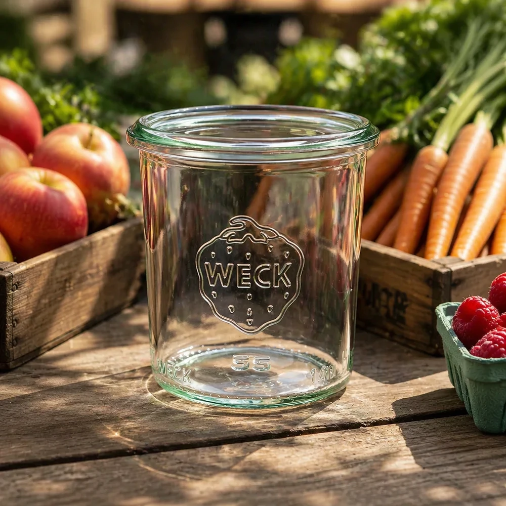 140ml WECK Sturzglas RR60 Einmachglas auf Holztisch mit frischem Obst und Gemüse im Hintergrund