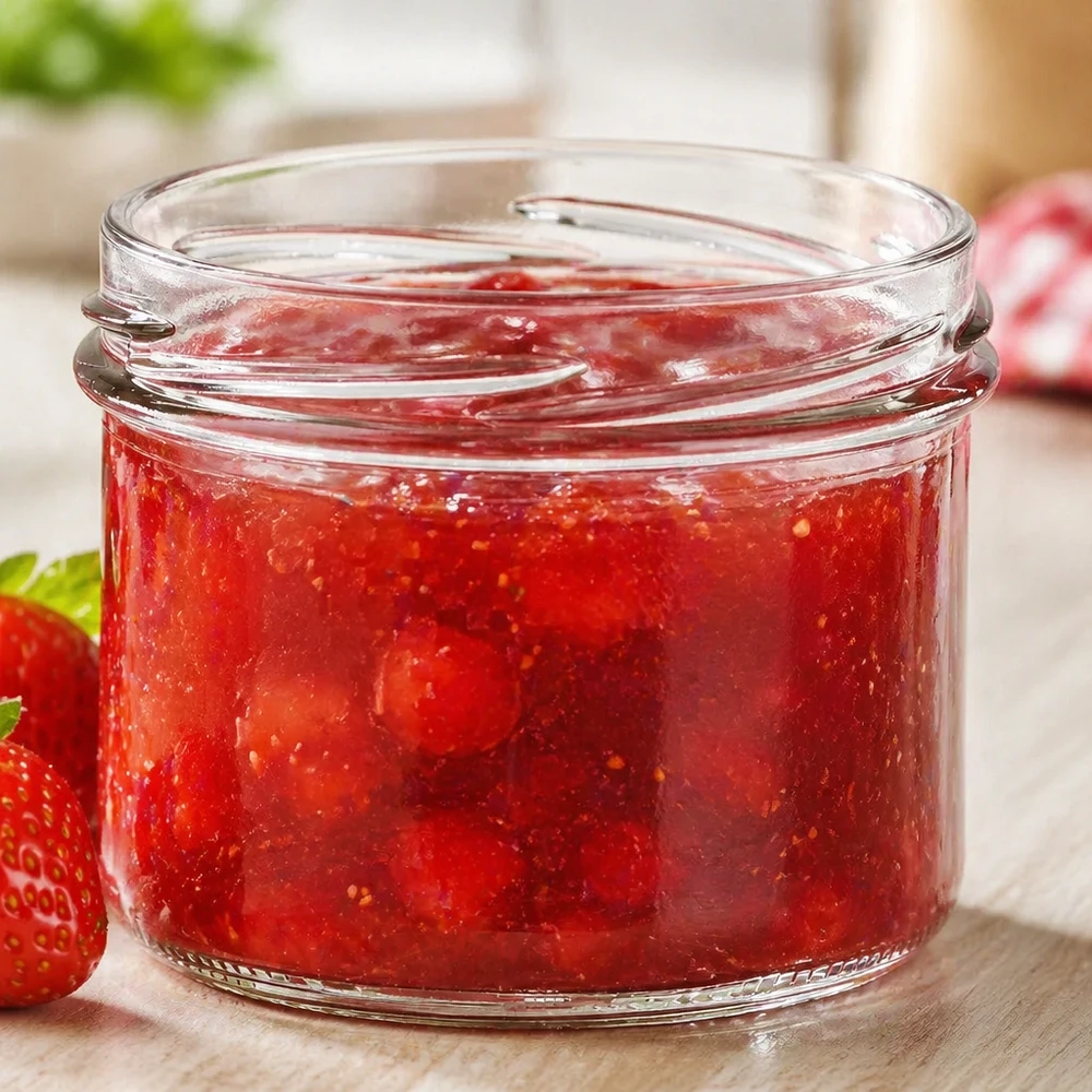 UNiTWIST Sturz225 Sturzglas 225ml TO82 mit roter Erdbeermarmelade gefüllt auf Holztisch mit frischen Erdbeeren