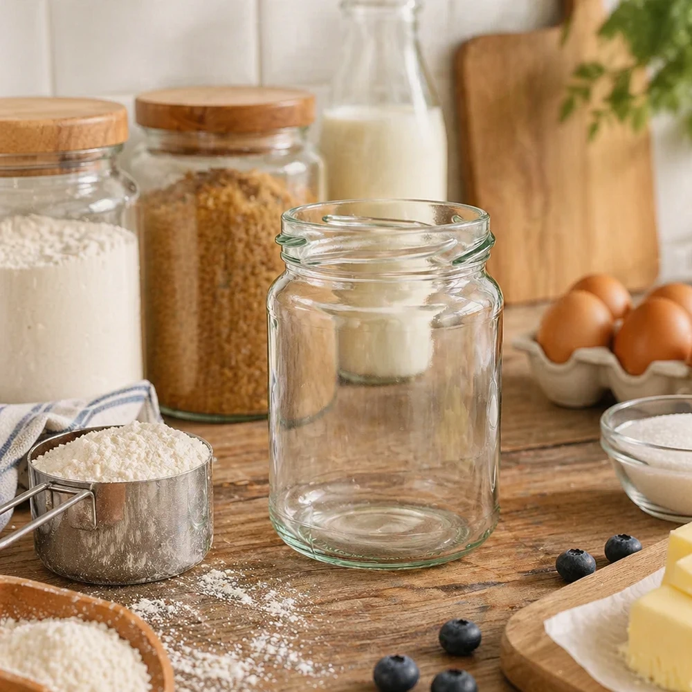 UNiTWIST Runda205 Rundglas 205ml TO58 Einmachglas leer auf Holzbrett mit Küchenutensilien und Zutaten