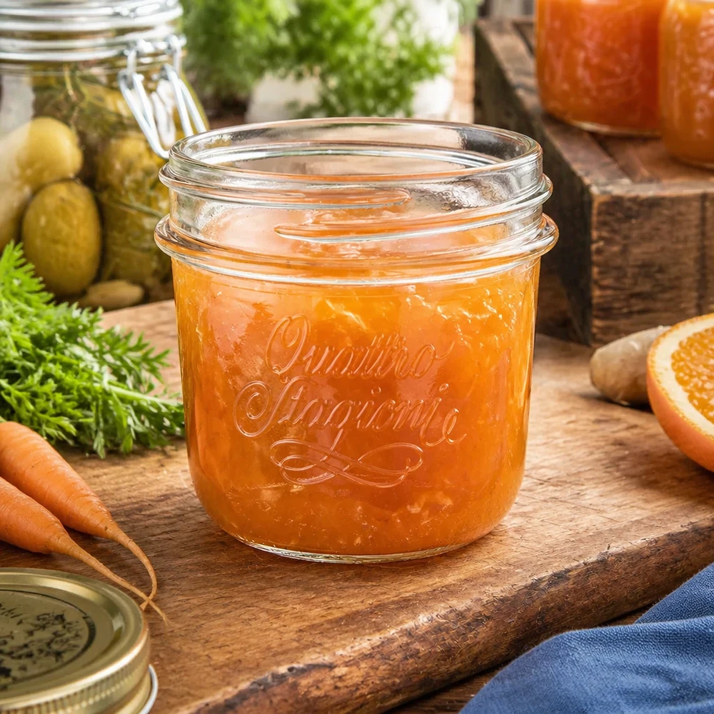 200ml Sturzglas "Quattro Stagioni" QS86mm 200ml Quattro Stagioni Einmachglas mit orangener Marmelade auf Holzbrett neben Karotten und Gurken