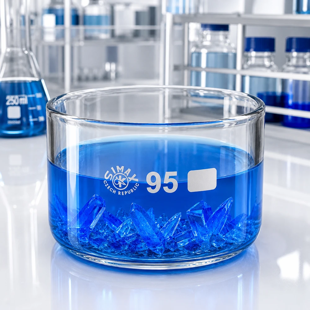 300ml Kristallisierschale ohne Ausguss Borosilikat ø95mm Simax Kristallisierschale 300ml Borosilikatglas ø95mm ohne Ausguss mit blauen Kristallen im Labor