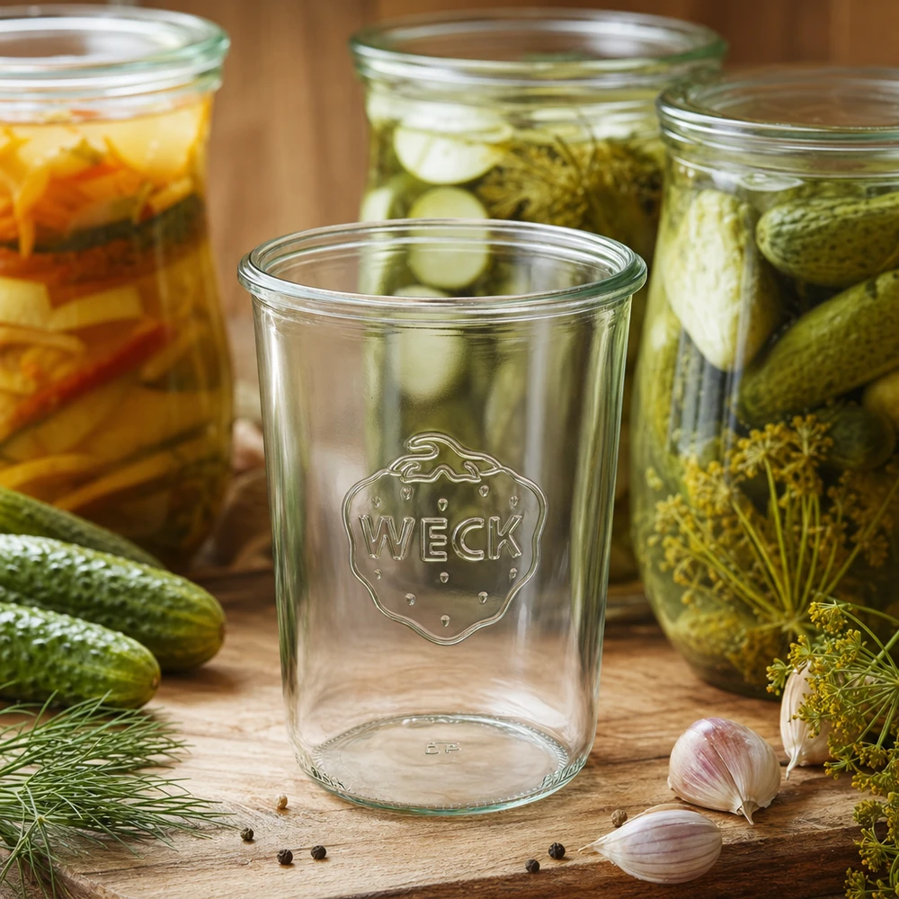 850ml Sturzglas WECK RR100 Leeres 850ml WECK Sturzglas RR100 vor eingelegten Gurken und Gemüse in gefüllten Weckgläsern auf Holzuntergrund