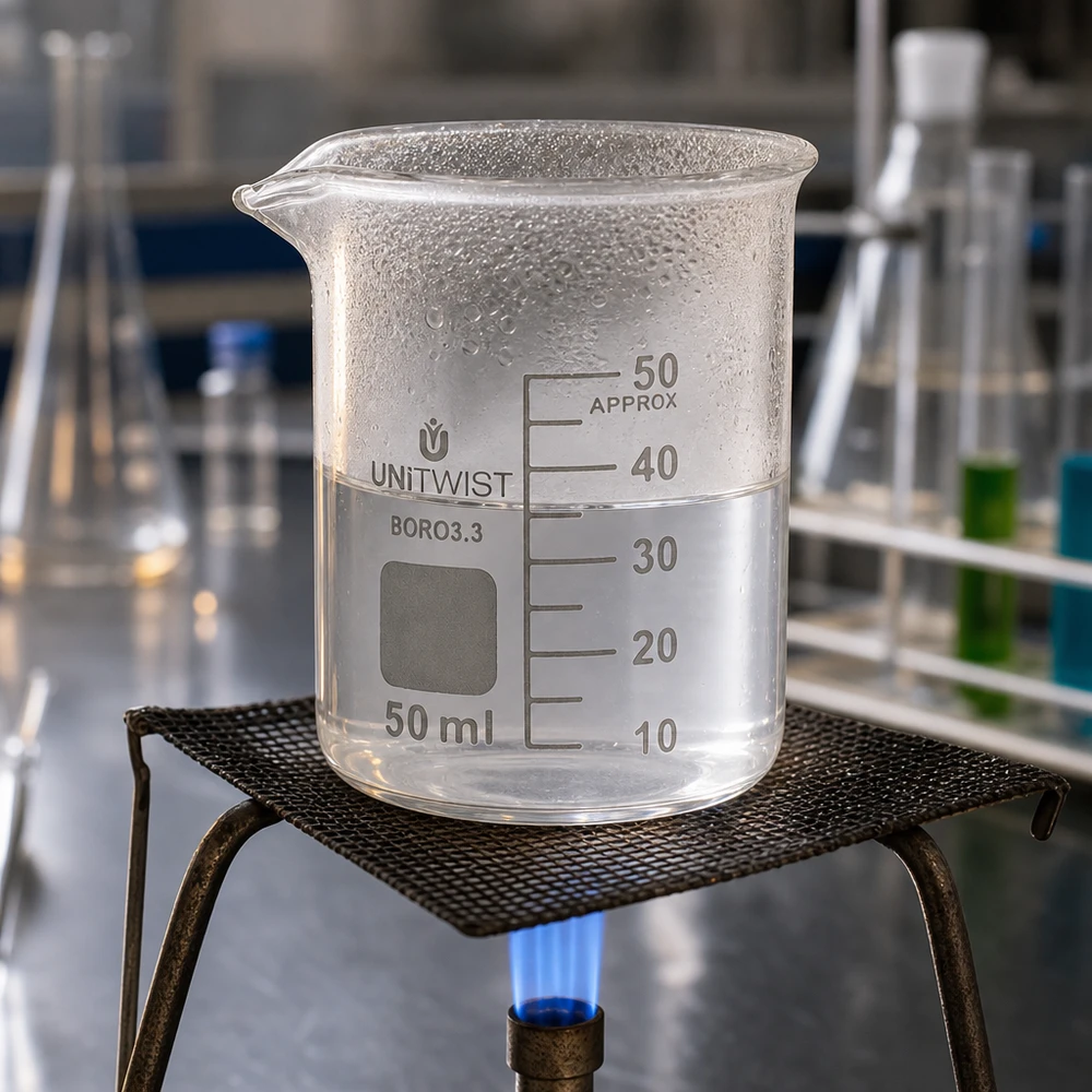 Becherglas 50ml Borosilikat niedrige Form UNiTWIST auf Bunsenbrenner im Labor