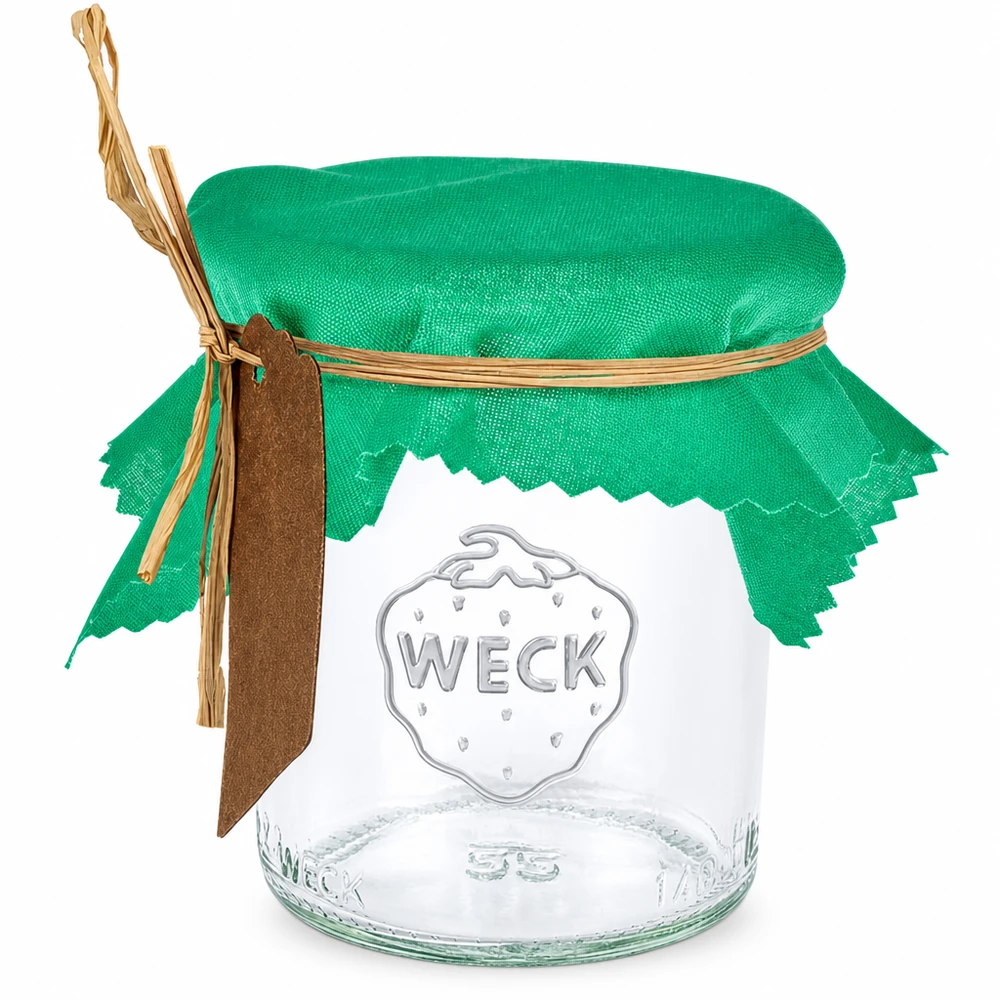 Stoff Schmuckdeckchen grün 12cm eckig Grünes Stoff Schmuckdeckchen 12cm eckig auf Weckglas mit Gummiband und braunem Anhänger als Marmeladendeckchen