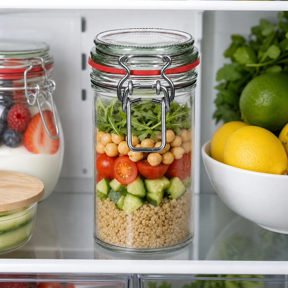 272ml Vorratsglas Typ G mit Bügelverschluss UN.. 272ml Vorratsglas mit Bügelverschluss für professionelle Lebensmittellagerung im Kühlschrank mit Salat und Quinoa befüll