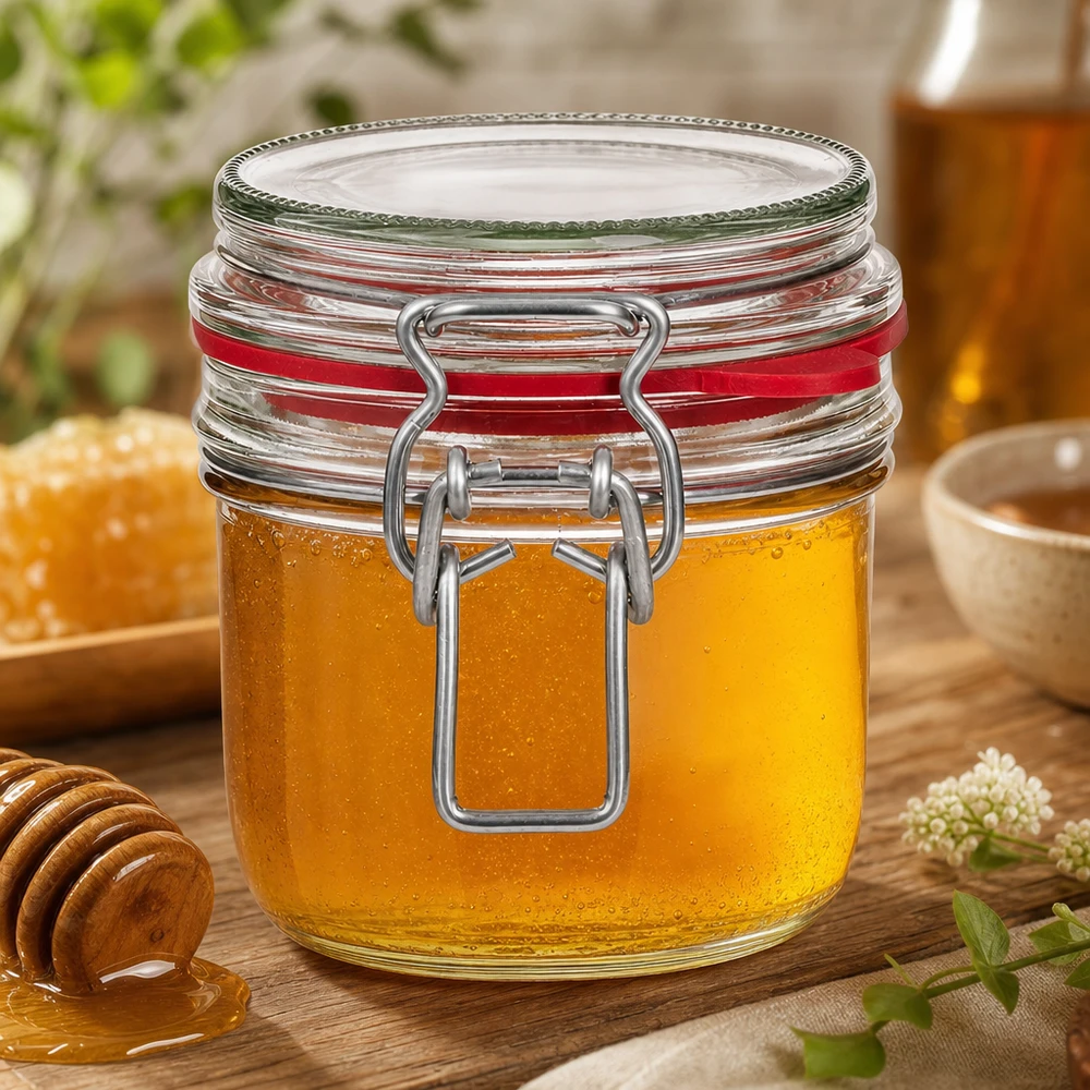 255ml Vorratsglas Typ G mit Bügelverschluss UN 255ml Vorratsglas Typ G mit Bügelverschluss gefüllt mit Honig, professionelle Lebensmittelaufbewahrung für Gewerbe