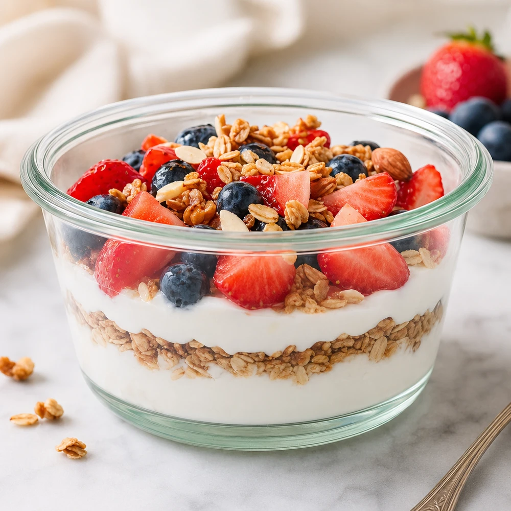 WECK RR100 290ml Gourmetglas mit Joghurt-Granola-Parfait Beeren und Nüssen als gesunde Frühstücksschale serviert