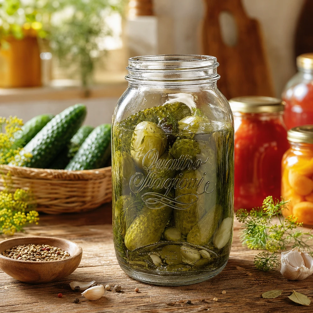 1500ml Rundglas "Quattro Stagioni" QS86mm 1500ml Quattro Stagioni Haushaltsglas mit eingelegten Gurken gefüllt auf Holztisch mit frischen Zutaten