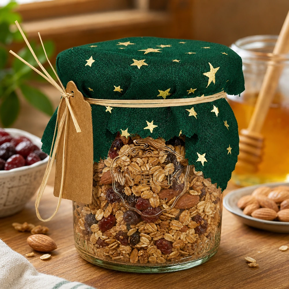 Stoff Schmuckdeckchen grün "Sterne" 12cm eckig Professionelles Schmuckdeckchen grün mit goldenen Sternen 12cm eckig auf Müsli-Glas, Stoffabdeckung für Gastronomiebetri