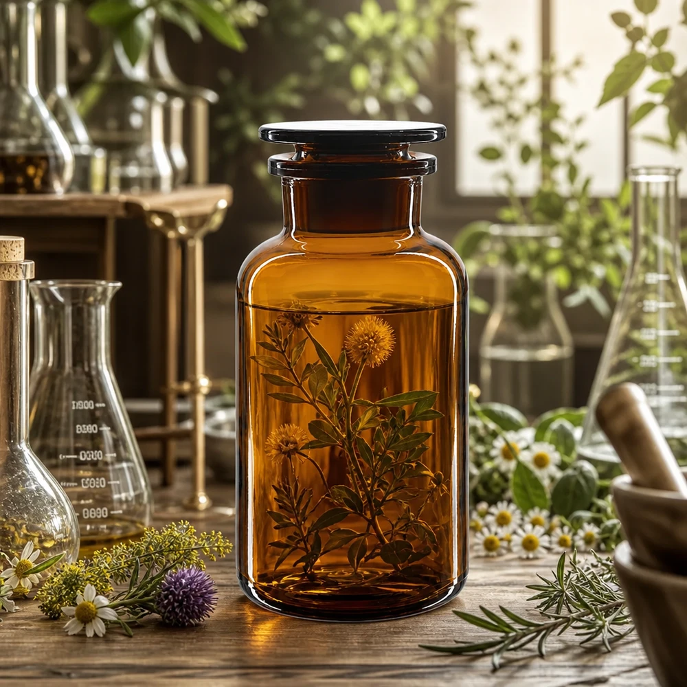 Rundschulterflasche 500ml Braunglas Weithals mit Glasstopfen für Labor und Apotheke
