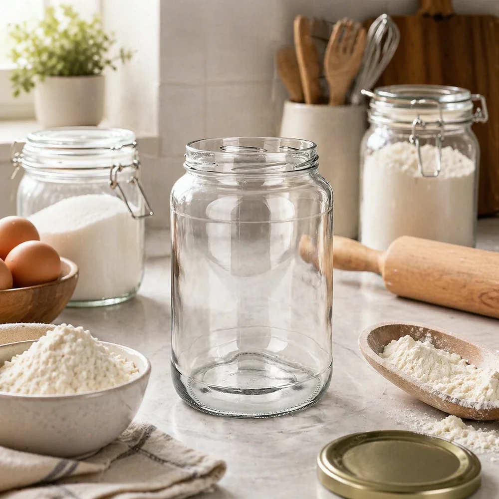 UNiTWIST Runda1700 Sturzglas 1700ml TO100 in moderner Küche zum Backen mit Mehl Eiern Nudelholz Küchenutensilien