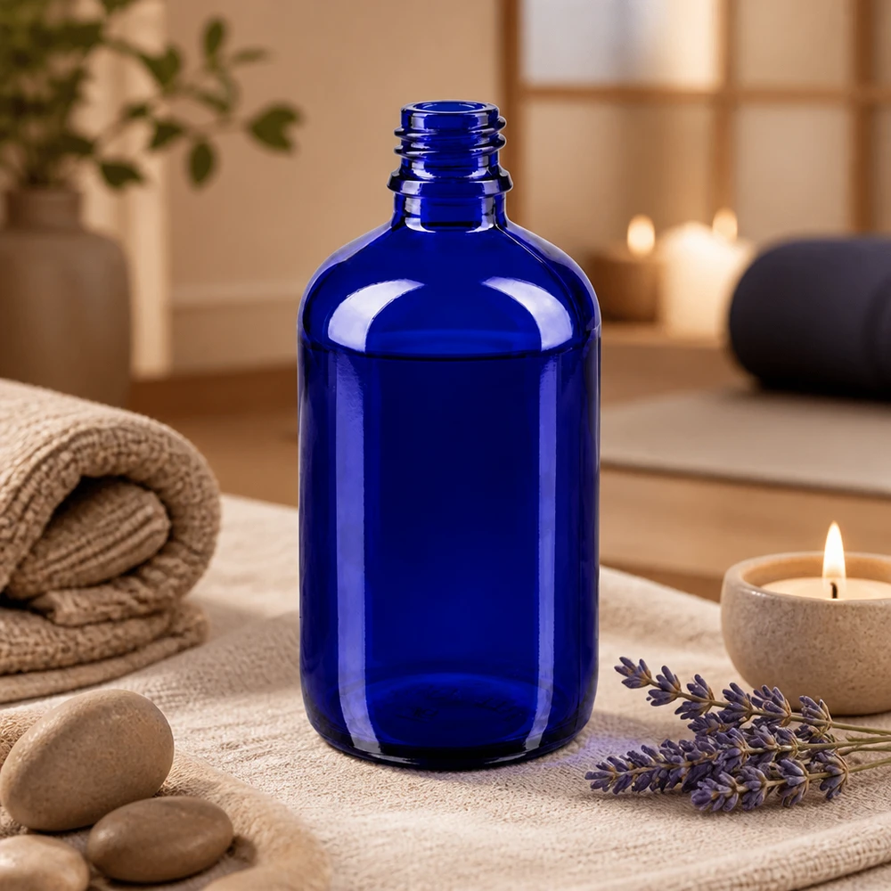 100ml blaue Apothekerflasche aus ApoGlas für professionelle Anwendung in Pharmazie und Kosmetik