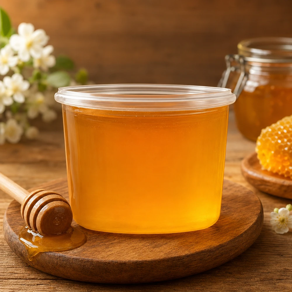 WECK Sturzglas 35ml RR40 mit Honig gefüllt auf Holzbrett mit Honiglöffel und Bienenwabe