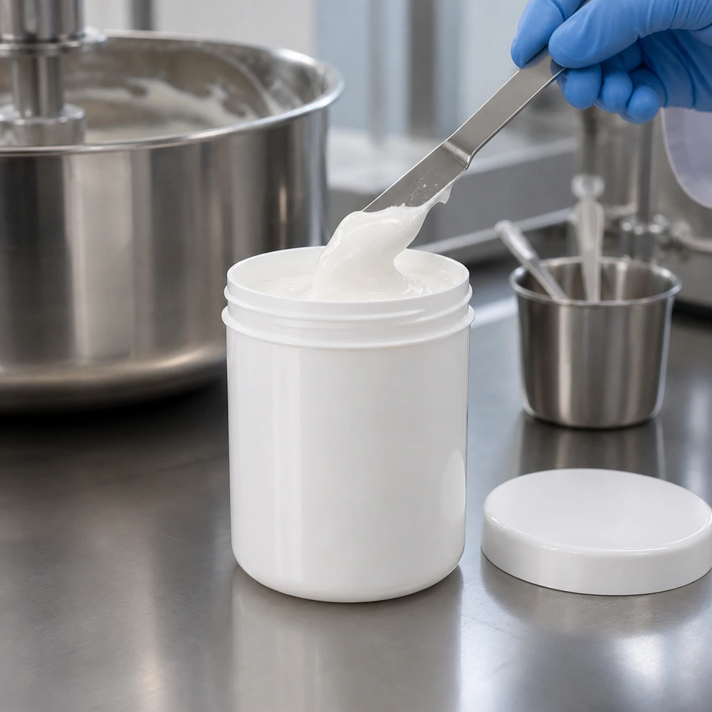 Salbenkruke 500g weiß mit weißem Schraubdeckel (Polypropylen) Salbenkruke 500g weiß aus PP mit Schraubdeckel für pharmazeutische und kosmetische Abfüllung