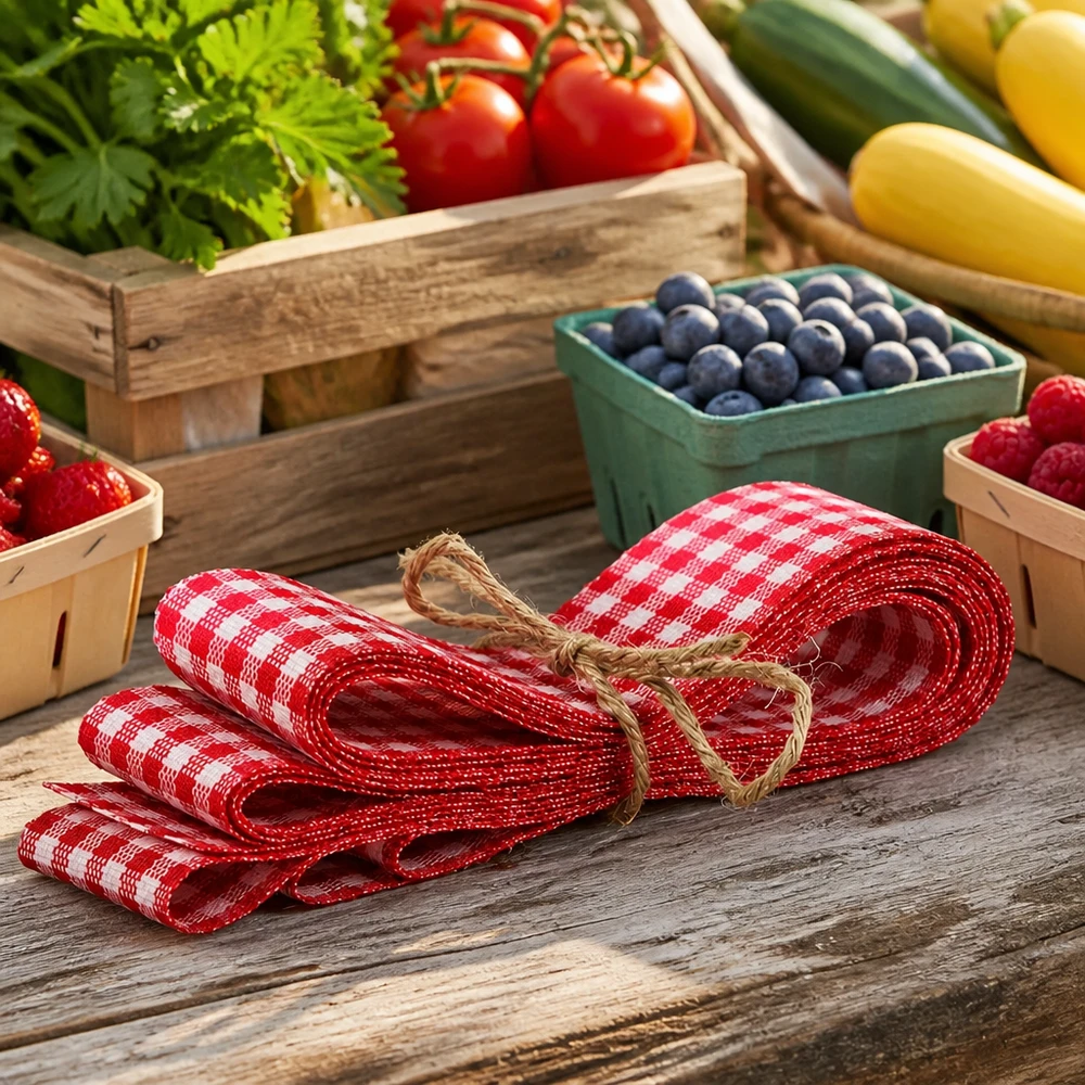 Rot-weißes Karostoffband 300cm gebündelt auf Holztisch mit frischen Beeren Tomaten und Gemüse im Landhausstil